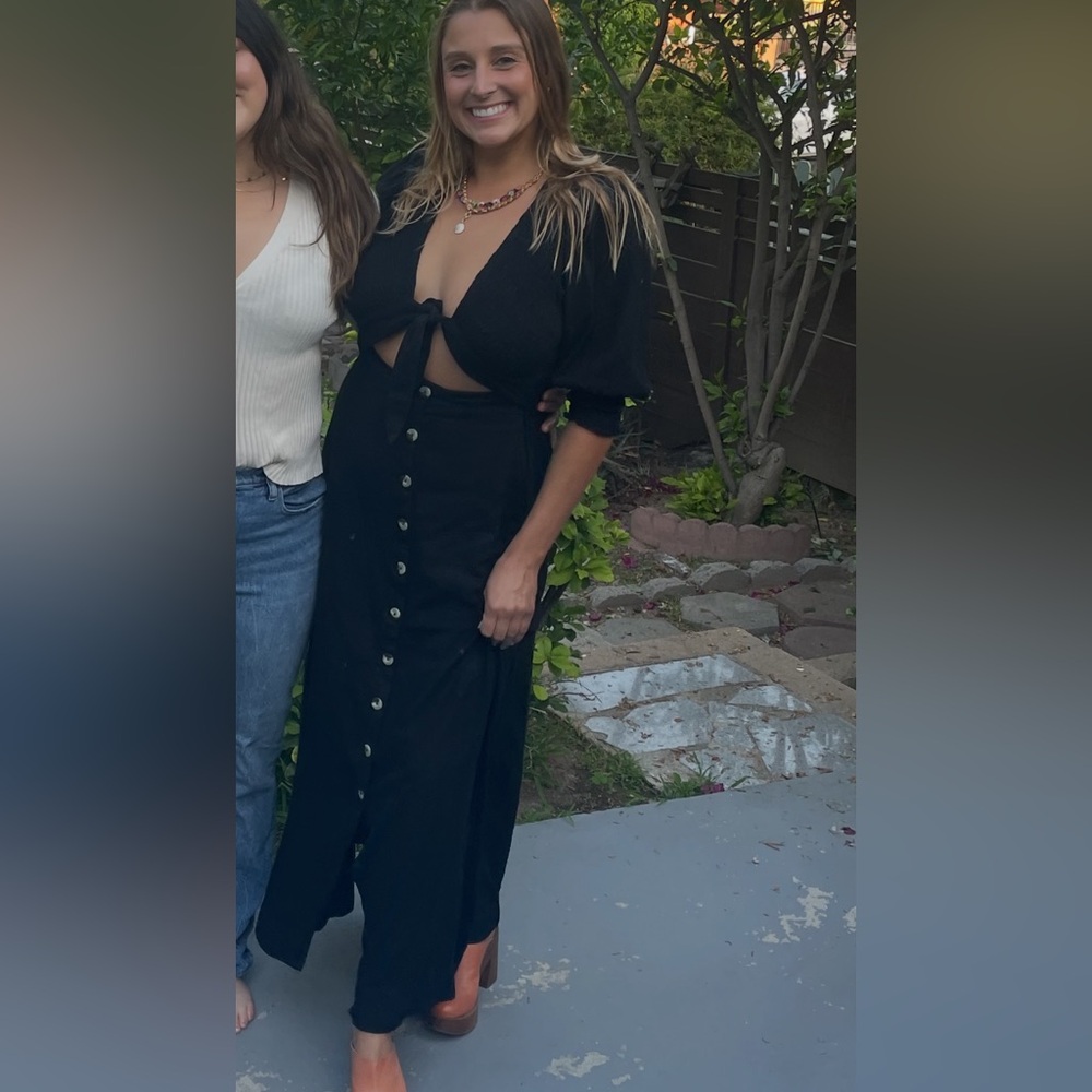 Free People Black Midi Dress with Button Detail